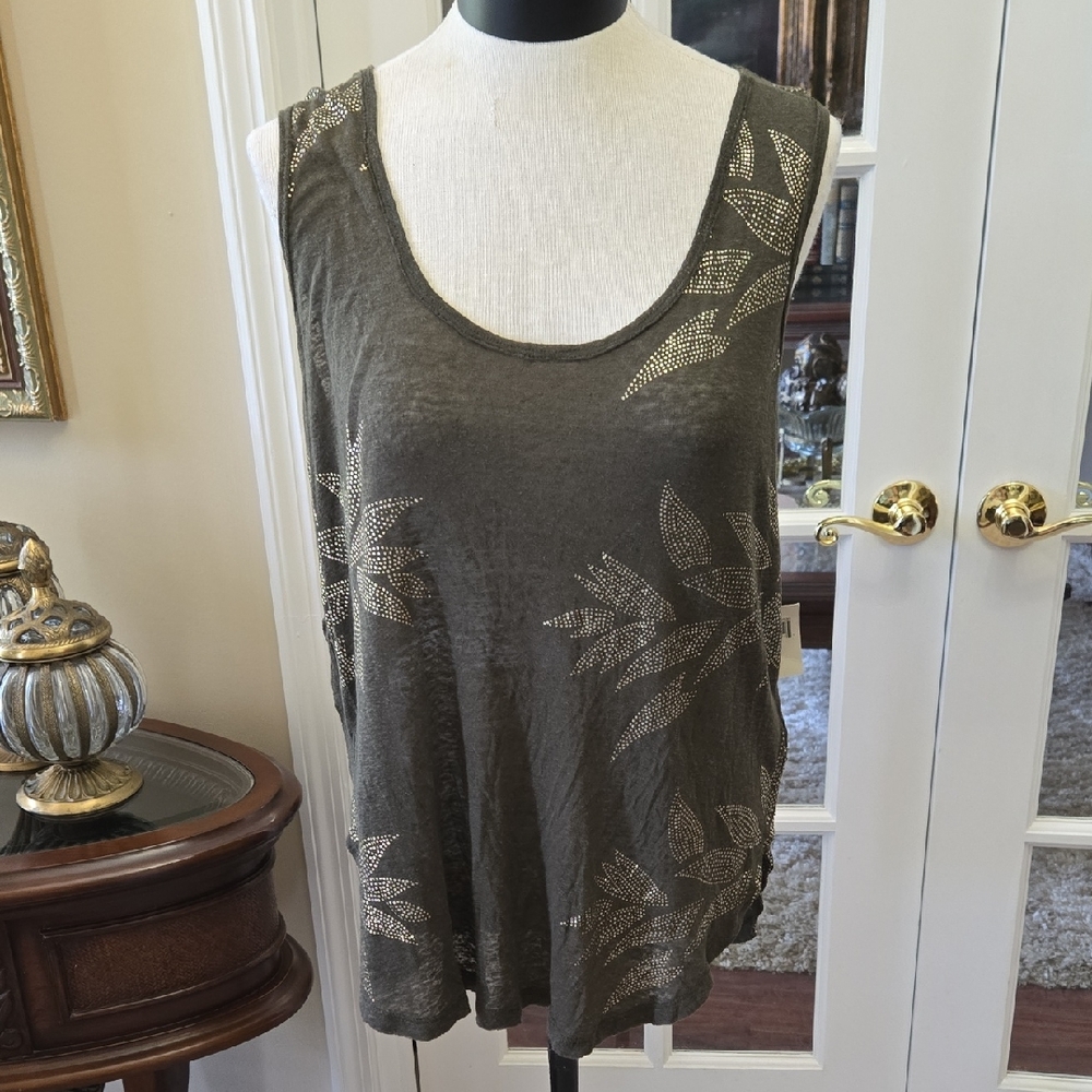 Lucky Brand Dark Olive Green Sleeveless Tank Top Gold Leaf Design M NEW WITH TAG